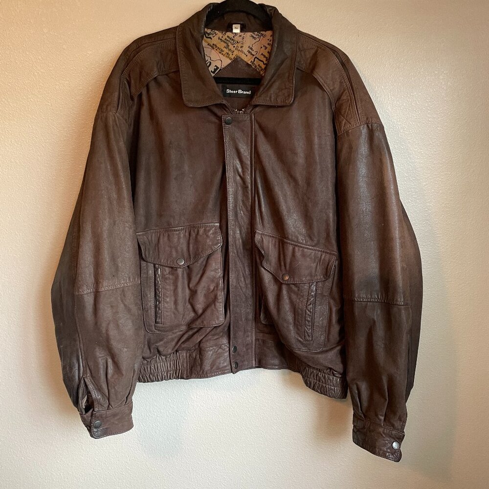 VTG Steer Brand Bomber Jacket Mens XL Leather Brown Graphic Lined Aviation